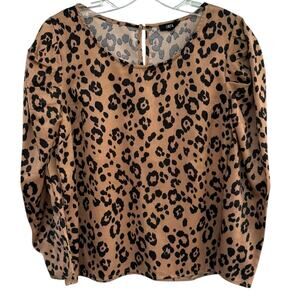Lucca Leopard Print Satin Blouse Long Sleeve Top Women Sz Small Brown Black NWOT
